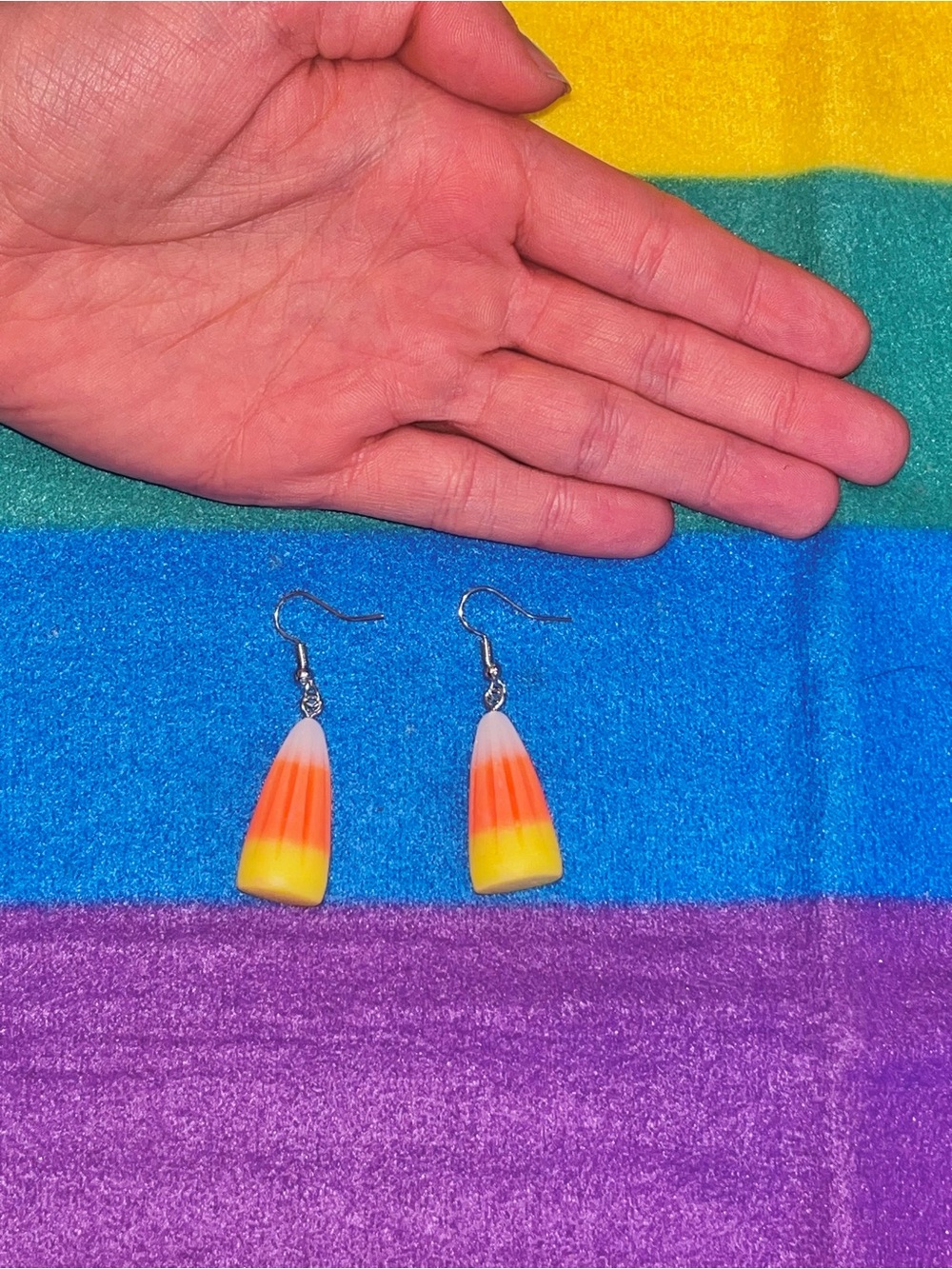 Handmade Candy Corn Drop Earrings - Halloween Themed Jewelry - Picture 2 of 2